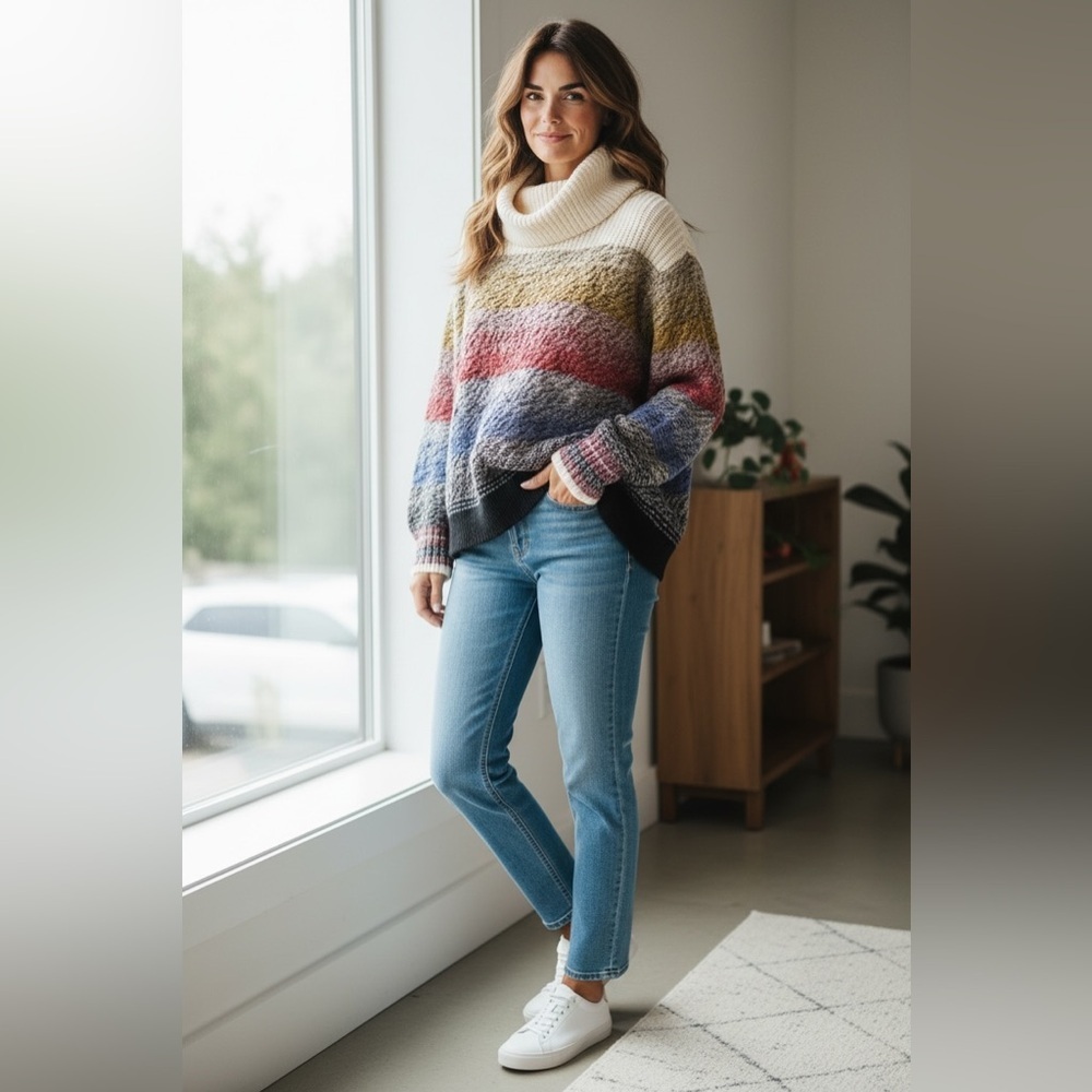(24)Tribal Multicolor Cowl Neck Sweater